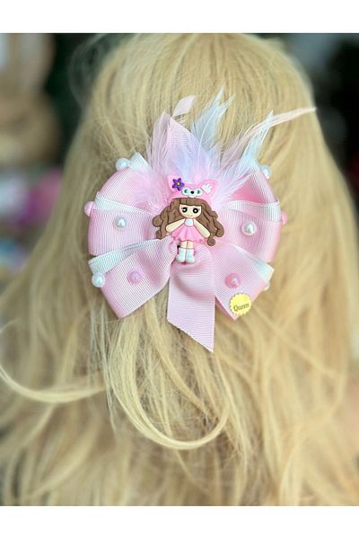 QUEEN AKSESUAR Luxury Design - Cute 3D Girl Ornament Automatic Clip Buckle with Pink and White Pearls, Layered Bow Detail