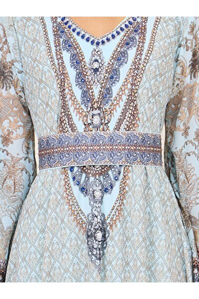 Maxim Creation By Styli Rhinestone Detail Digital Print Belted Jalabiya
