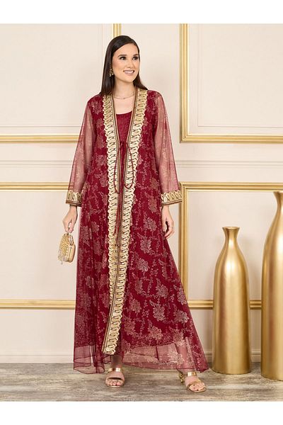 Maxim Creation By Styli Embroidered Lace Sheer Mesh Tie Up Kaftan