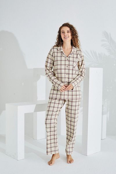 Etoile Plaid Patterned 100% Cotton Long Sleeve Women's Pajamas Set - Front Button 98225