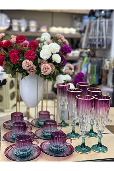 Hediye Köşkü Cam 18 parça Lüks Çift Renkli Kahve Seti