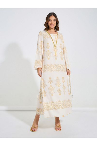 Take Two By Styli Foil Print Embellished Jalabiya Dress with Tassel