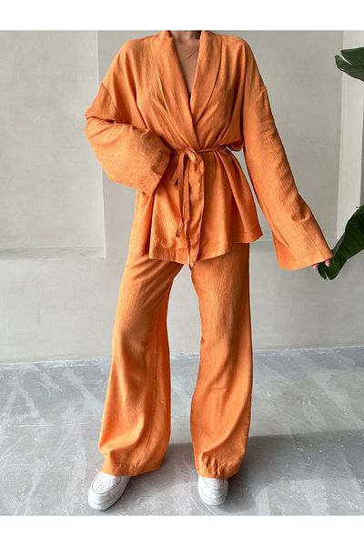 Laluvia Orange Kimono and Trousers Set - Shawl Collar