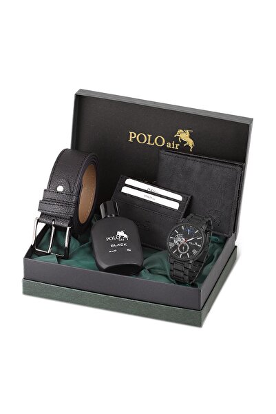 Polo Air Erkek Kol Saati Cüzdan Kemer Kartlık Parfüm Kombin Set Siyah Renk PL...