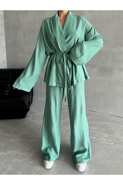 Laluvia Mint šálový límec Kimono a kalhoty Set