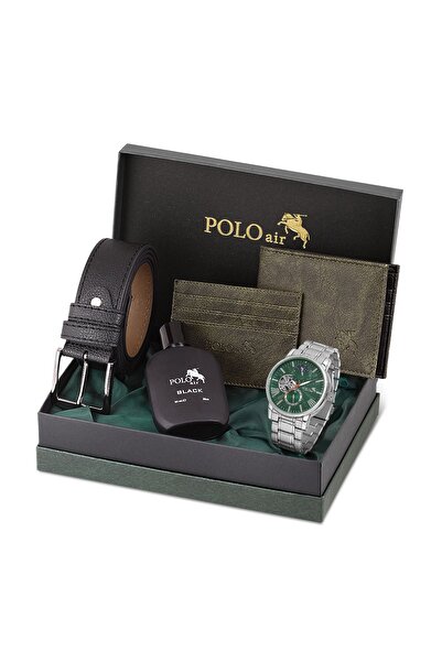 Polo Air Erkek Kol Saati Cüzdan Kemer Kartlık Parfüm Kombin Set Gümüş Yeşil R...