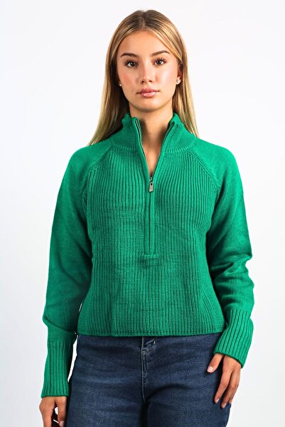 Seeh Pulover cu fermoar verde cu gât țesut SH139