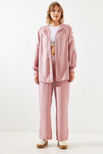 Bianco Lucci Linen Women's Set - Embroidery Detailed, Top and Bottom Set Mbms017 60501017