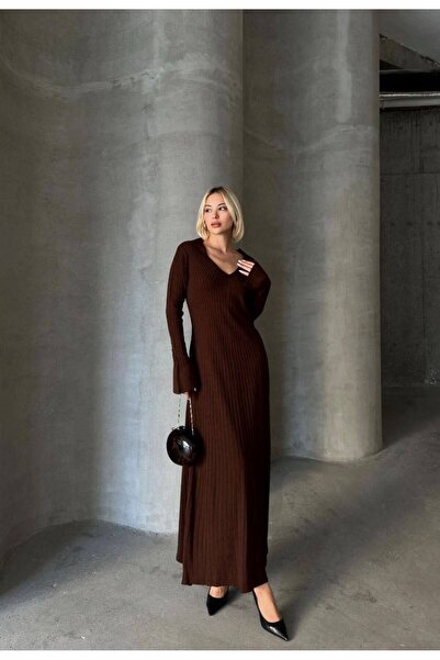 TrendParis Uzun Kol V Yaka Triko Elbise