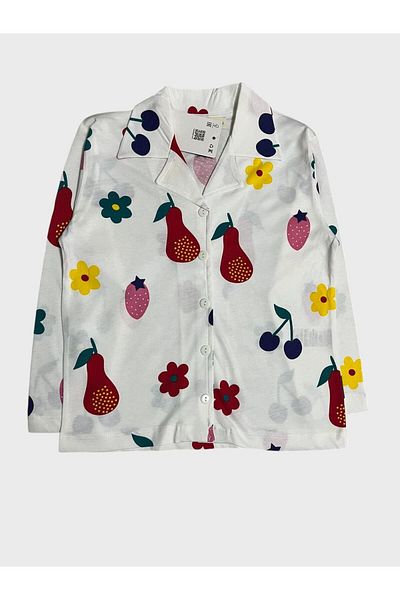 Fil Kids Set de pijamale pentru fetiță - alb cu căpșuni și cireșe, 100% bumbac, cu guler de cămașă