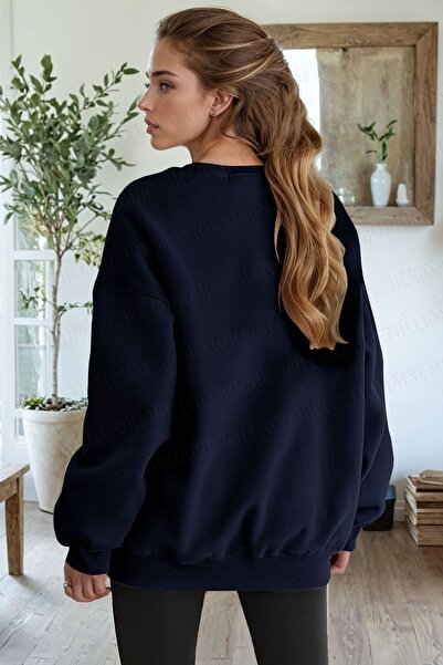 Millionaire Γυναικεία μπλούζα Navy Blue Basic 0 Crew λαιμόκοψη χωρίς τυπωμένη μονόχρωμη φούτερ φλις φαρδιά φαρδιά εφαρμογή