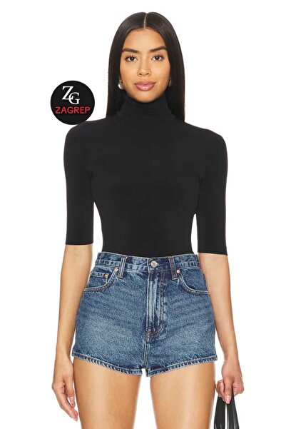 Zagrep Μαύρο μεταξωτό ζέρσεϊ - κοντομάνικο και ζιβάγκο γυναικεία μπλούζα