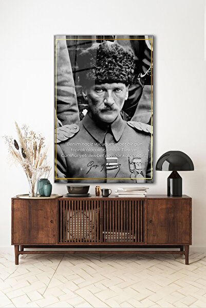 Genel Markalar Atatürk Özel Tasarım 2 Siyah Beyaz Dikey Cam Tablo