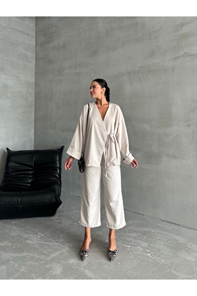 Laluvia Side Tied Stone Lisa Trousers Set - 033