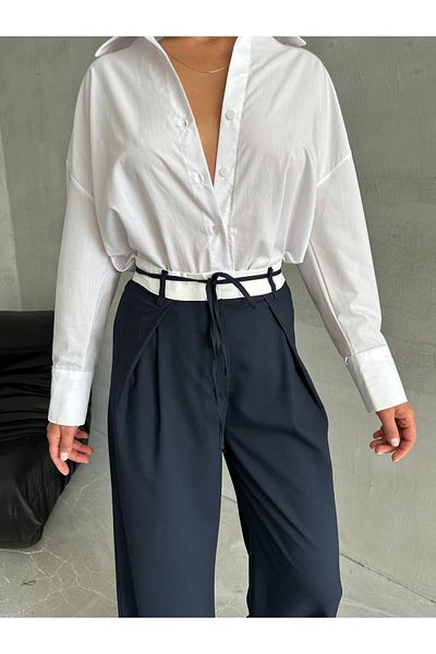 Laluvia Marineblaue Design-Hose mit Seilgürtel-3576