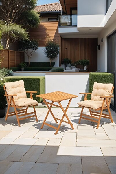 Meya Dekor Minderli Loretta Masa Sandalye Seti 2+1 Ahşap Bahçe Balkon Teras Katlanır Set 60x60 Masa