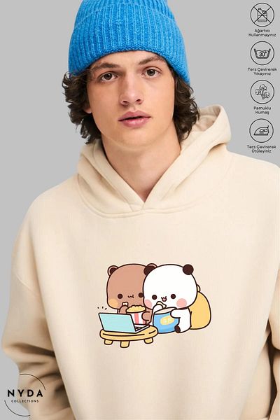 Nyda Collections Hanorac supradimensionat unisex din bumbac - Hanorac cu mânecă lungă, glugă și imprimeu