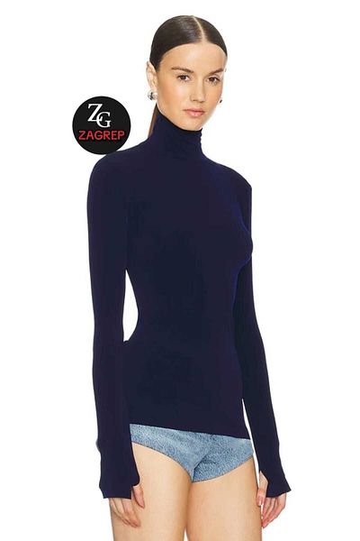 Zagrep Women's Navy Blue Turtleneck Finger Snap Silk Jersey Blouse