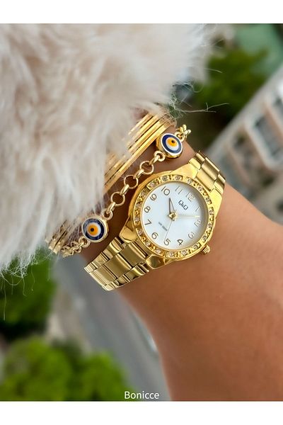 Q&Q Brand Steel Cord,Waterproof, Yellow Color Small Case Women's Stone Watch+Bracelet