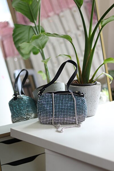 Moom Bag Kadın Silver  Mavi 2 Renkli Detaylı Deri Askılı Taşlı Abiye Omuz Çantası