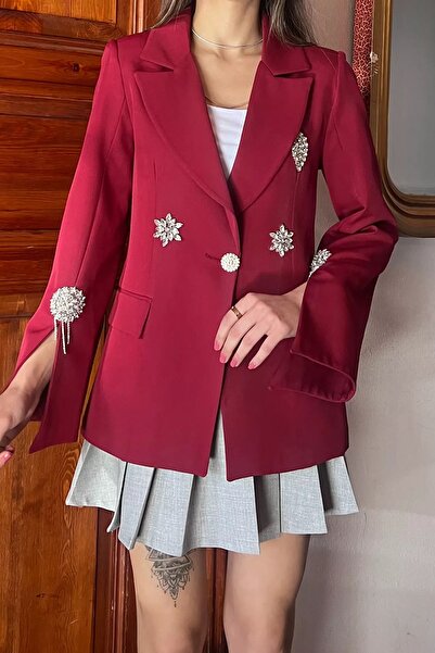 GÜLSELİ Women's Blazer Jacket - Claret Red Stone Embroidered