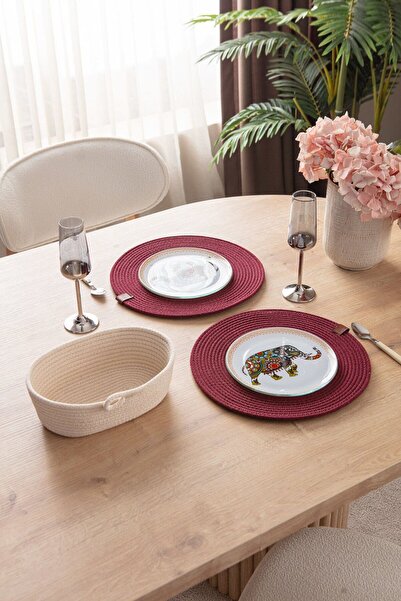 dekomall home & living 7 parça %100 Pamuk El Yapımı Amerikan Servis Supla-Ekmek sepeti Seti/Krem-Bordo