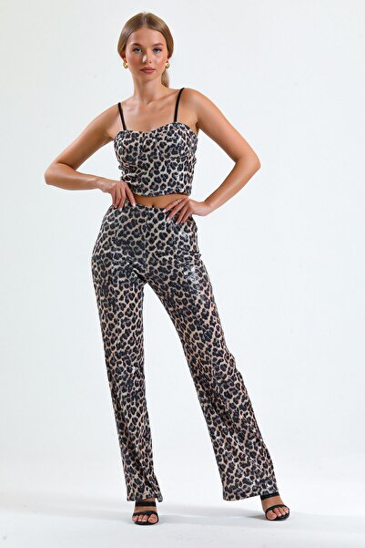 Sense Wide Leg Sequin Trousers| Pnt32440 Black Brown Leopard