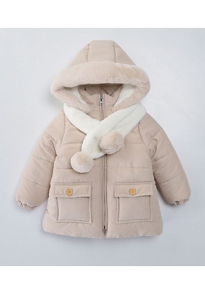 Midimod Gold Girl's Coat with Ribbed Scarf for 2-6 Years