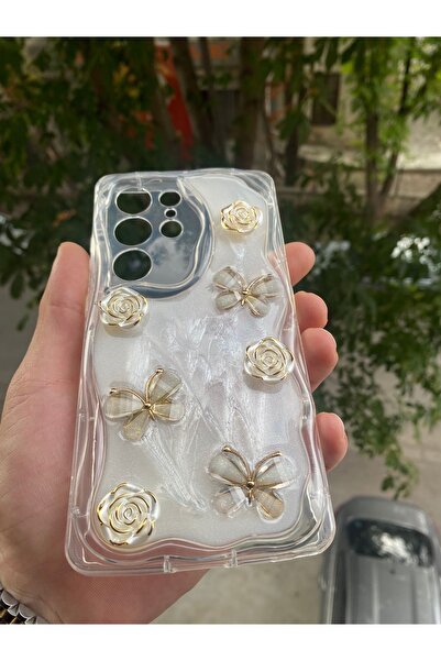 AQUA AKSESUAR Samsung Galaxy S24 Ultra Uyumlu Kılıf 5D Kabartmalı Kelebek Çiçek Desenli Kenarları Şeffaf