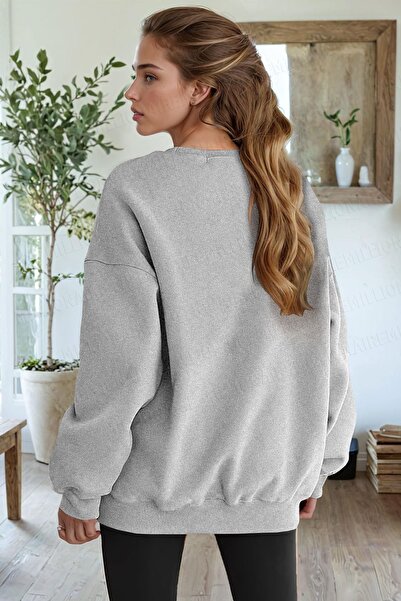 Millionaire Gray Free Life Printed Oversize Fleece Sweatshirt - 0 Crew Neck, Loose Cut