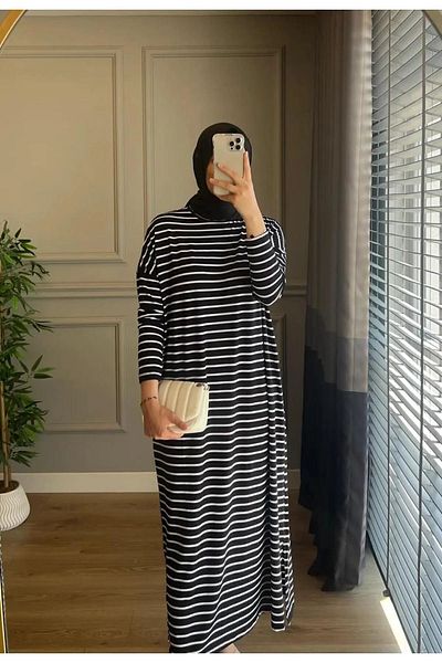 ALLMİRA FASHION Oversize Hijab Dress - Black and White Striped