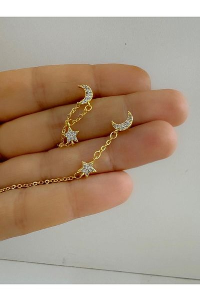 Arescollection Zircon Stone Crescent Star Chain - 1 Piece Helix Cartilage Earlobe Compatible Ring Piercing Earrings