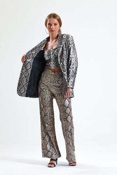 Sense Beige Black Snake Patterned Sequined Evening Dress Jacket - Pearl Lined| Ckt34264