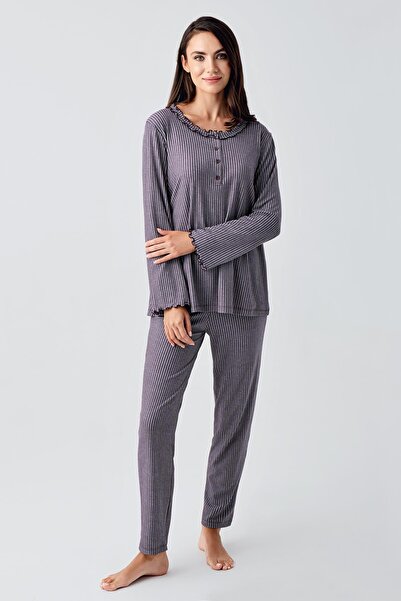 Artış Baby Collar Buttoned Long Sleeve Flexible Viscous Maternity Pajama Set