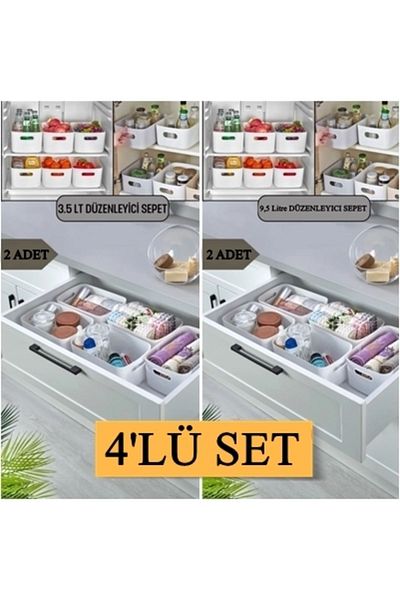 ALMITAL 4 Pcs Refrigerator Organizer - Inner Cabinet and Bathroom Organizer Basket (2 Pcs 3.5 - 2 Pcs 9.5 Lt)