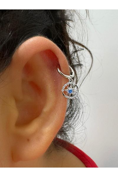 Arescollection Blue Zircon Jewelled Pole Star - Helix Cartilage and Earlobe, Matching Ring Piercing Earrings 1 Piece