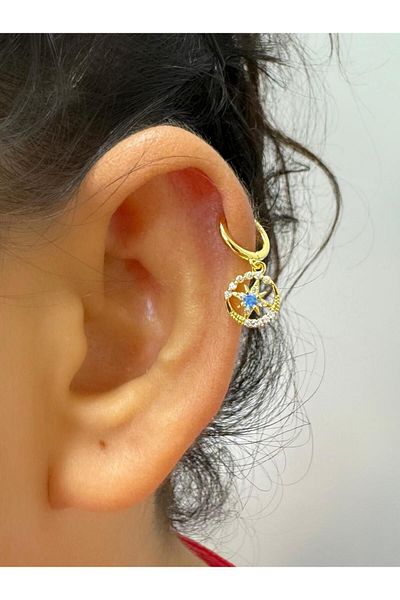 Arescollection Blue Zircon Jewelled Pole Star - Helix Cartilage and Earlobe, Matching Ring Piercing Earrings 1 Piece