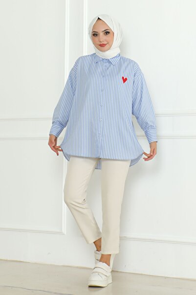 Eliva قميص حجاب نسائي مخطط باللونين الأزرق والأبيض - قلب أحمر مطرز