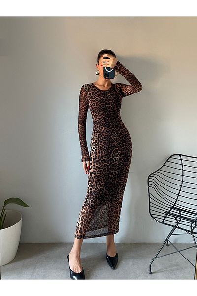ALBATROS BUTİK Γυναικείο μακρυμάνικο φόρεμα με σχέδιο Leopard