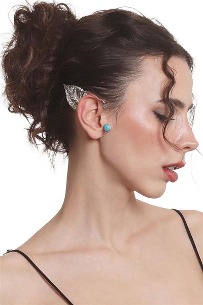 LABALABA Women's Silver Color Lacquer Plated Rhinestoned Textured Leaf Stylize Right Ear Earcuff & Cartilage Earrings