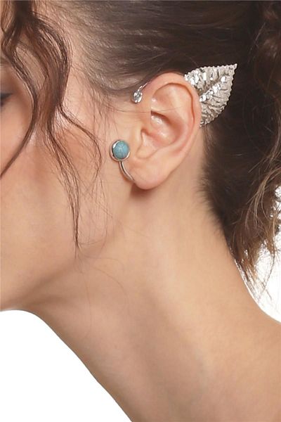 LABALABA Women's Silver Color Lacquer Plated Rhinestoned Textured Leaf Stylize Left Ear Earcuff & Cartilage Earrings