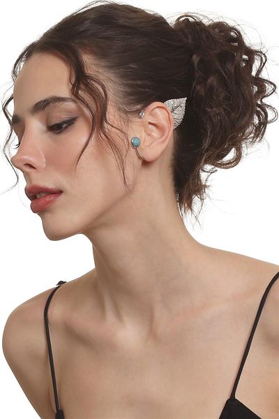 LABALABA Women's Silver Color Lacquer Plated Rhinestoned Textured Leaf Stylize Left Ear Earcuff & Cartilage Earrings