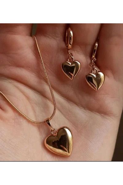 Beyna Gold Plated Heart Necklace and Earrings Set Gift for Lover Gift for Mother