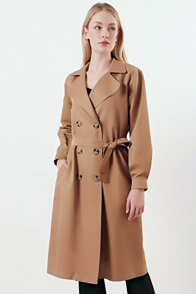 Ottawe Geniş Çentikli Ceket Yaka Düğmeli ve Kuşaklı Çift Cepli Rahat Kalıp Astarsız Tarz Diz Altı Trençkot