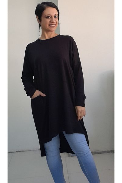 Mertcan Butik Μαύρο τουνίκ βισκόζης - μανίκι νυχτερίδας και μονή τσέπη