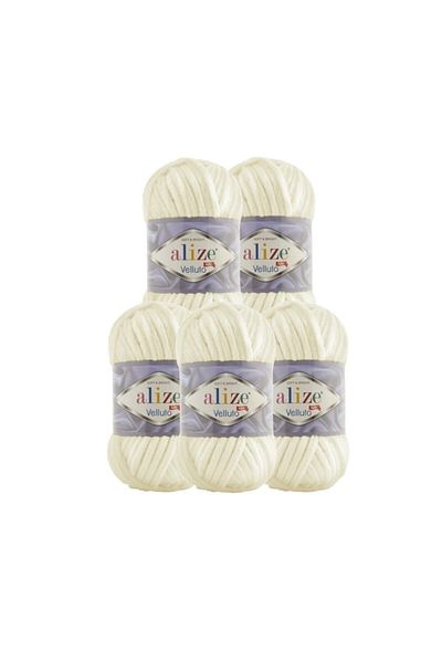 Alize 5 Κομμάτια Velluto Velvet Πλεκτά στο χέρι - 62 Light Cream, 100gr, 68 μέτρα