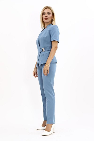 ÖNDER ÖZSOY Light Blue Buckle Short Sleeve Jacket and Pipe Leg Pants Set