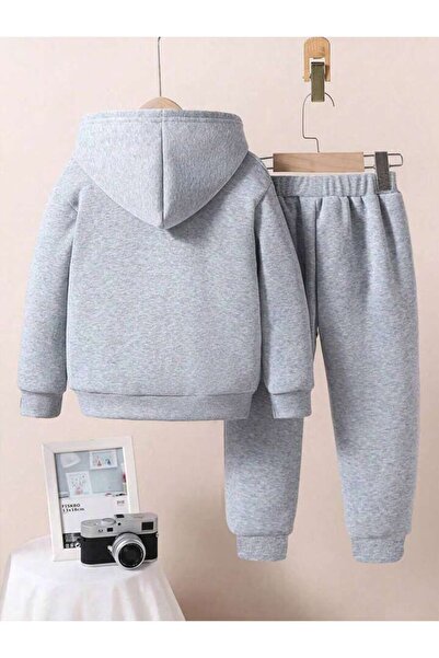 Cool Art Gözlüklü Ayı Pamuk Çocuk Takım - Gri Sweatshirt Jogger Baskılı Kız Erkek Çocuk Kapüşonlu