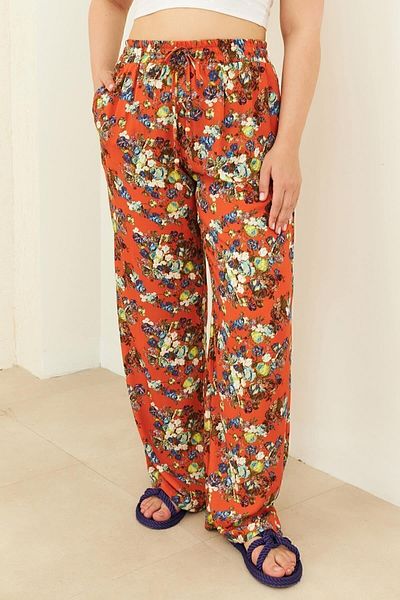 Curly Wide Leg Orange Patterned Trousers