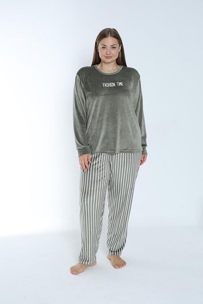 Estiva Green Striped Velvet Women's Oversize Pajamas Set
